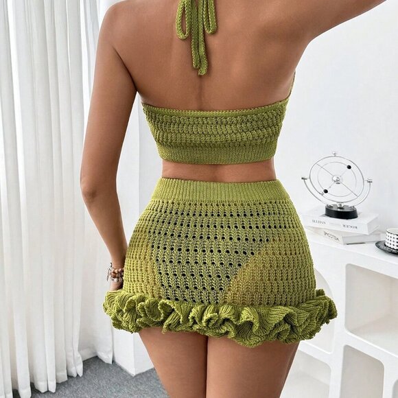 Green Women's Halter Crop Top And Ruffle Hem Mini Skirt Beach Cover Up Set - Picture 2 of 7